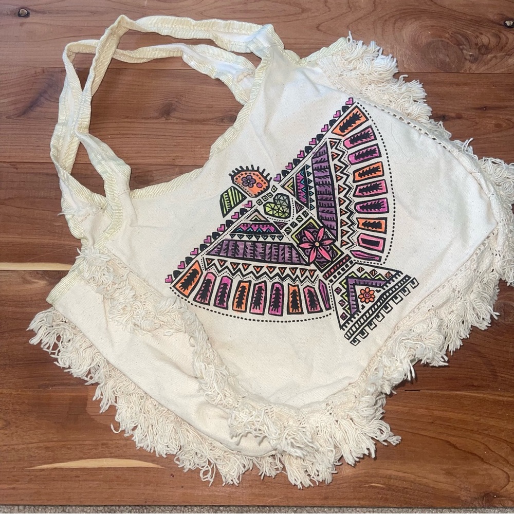 Boho Hippy Festival Canvas Tote Bag Eagle Aztec Fringe